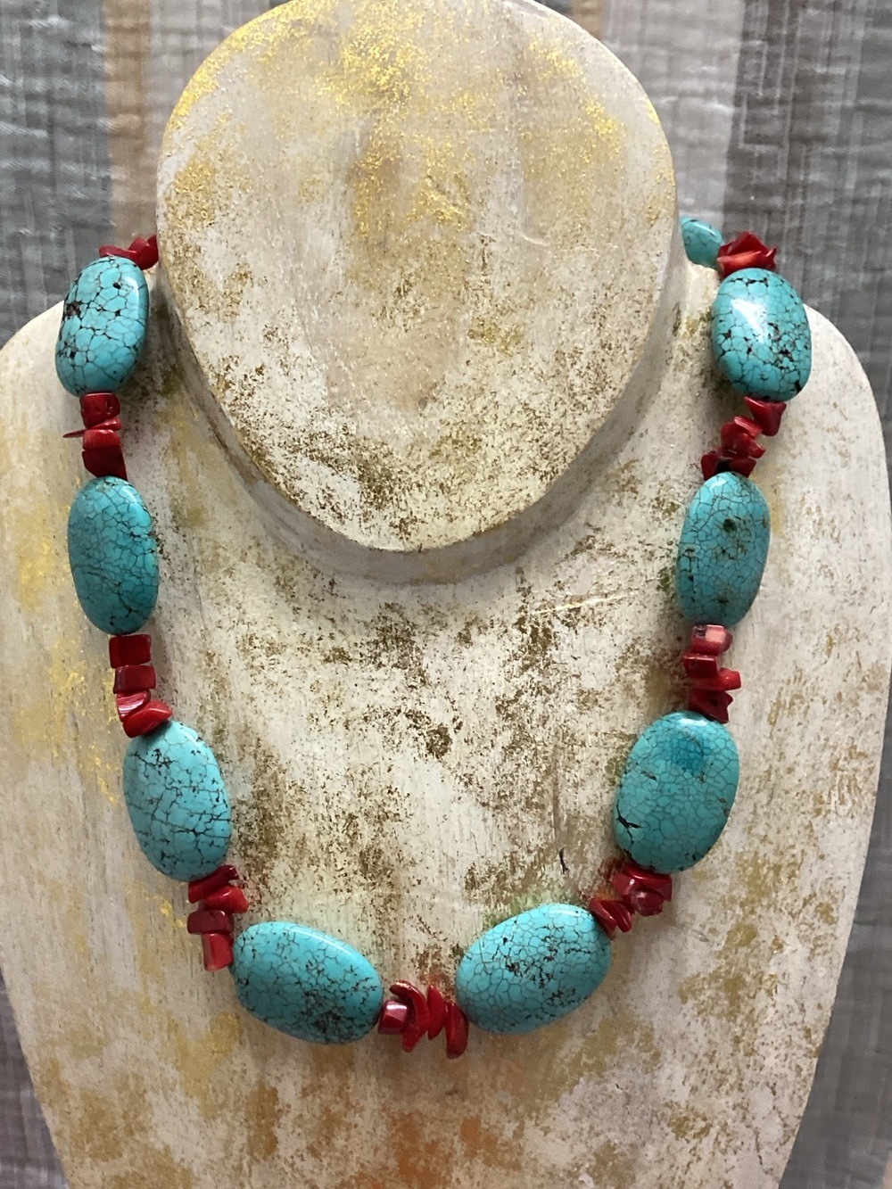 Chunky turquoise colored stones coral beaded necklace Boho Organic Southwest